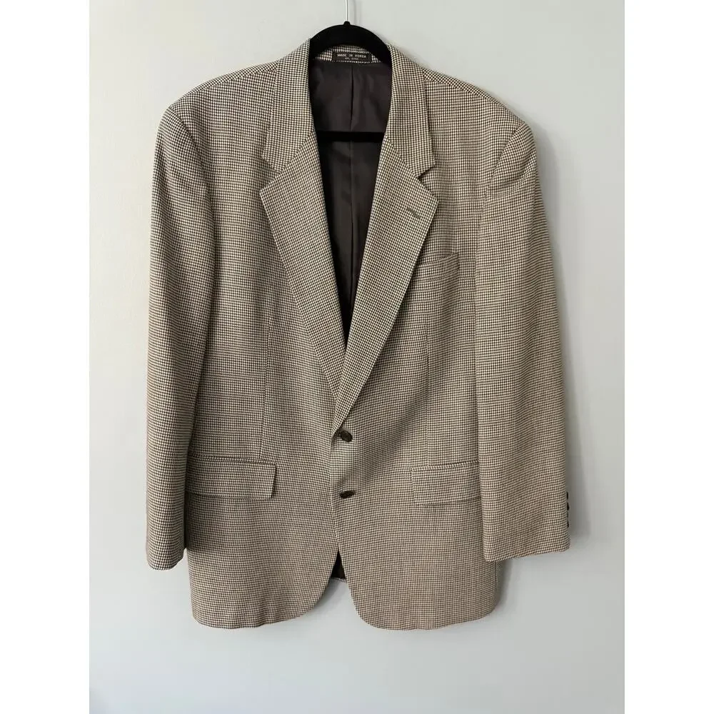 Vintage Macy’s Men’s Wool Blazer Jacket – Black & White Houndstooth – Size 44L